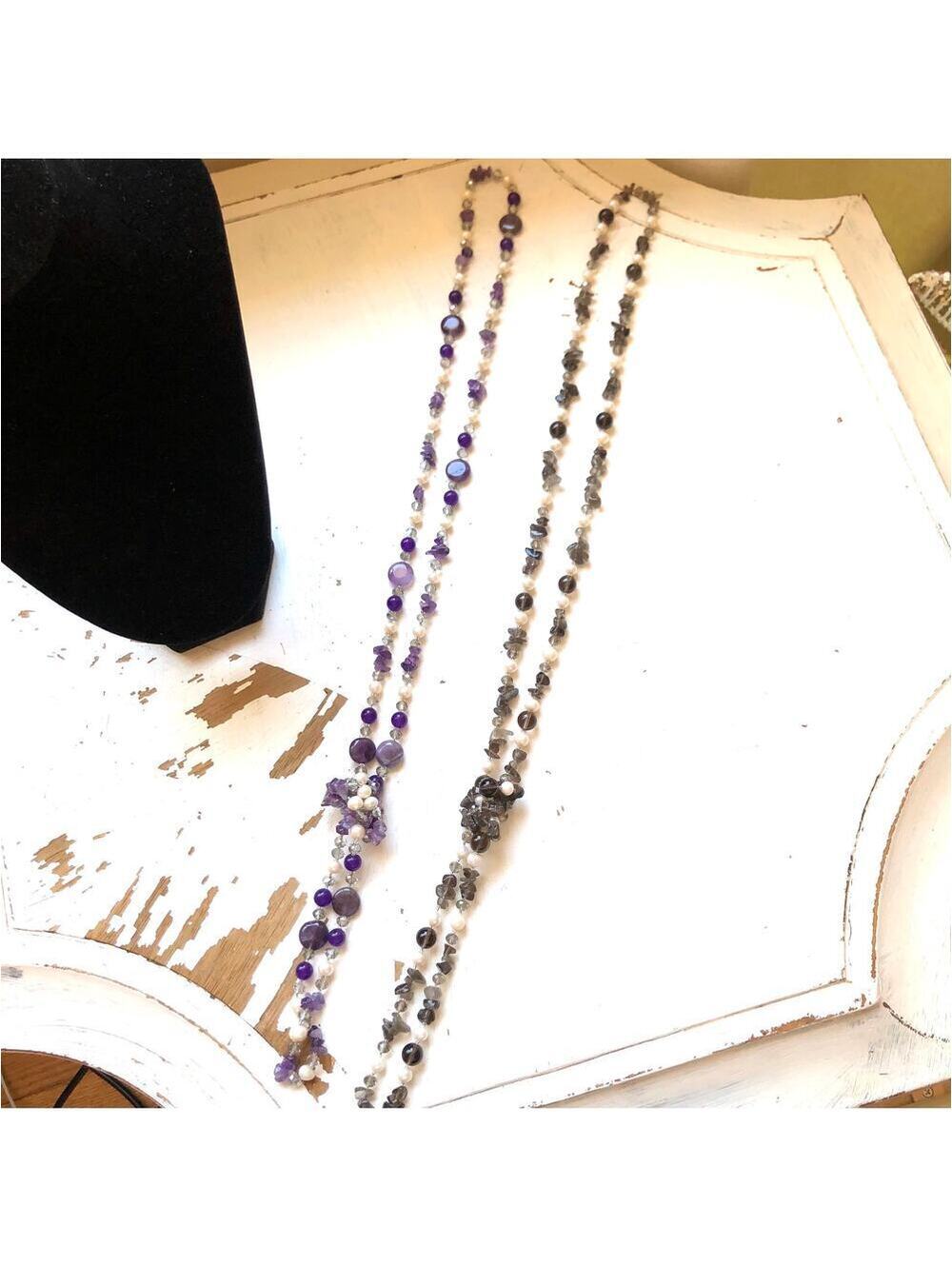 Hand Knotted Faceted Purple Glass Beaded & Black Glass Beaded Lariat Necklaces